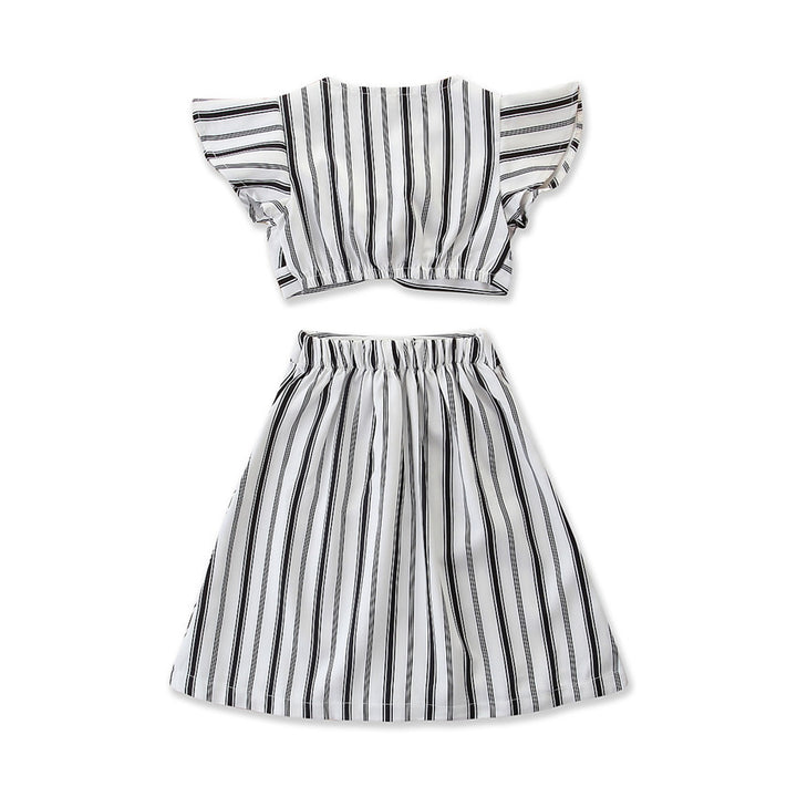 Fashionable white striped mini Fly sleeve dress for girls