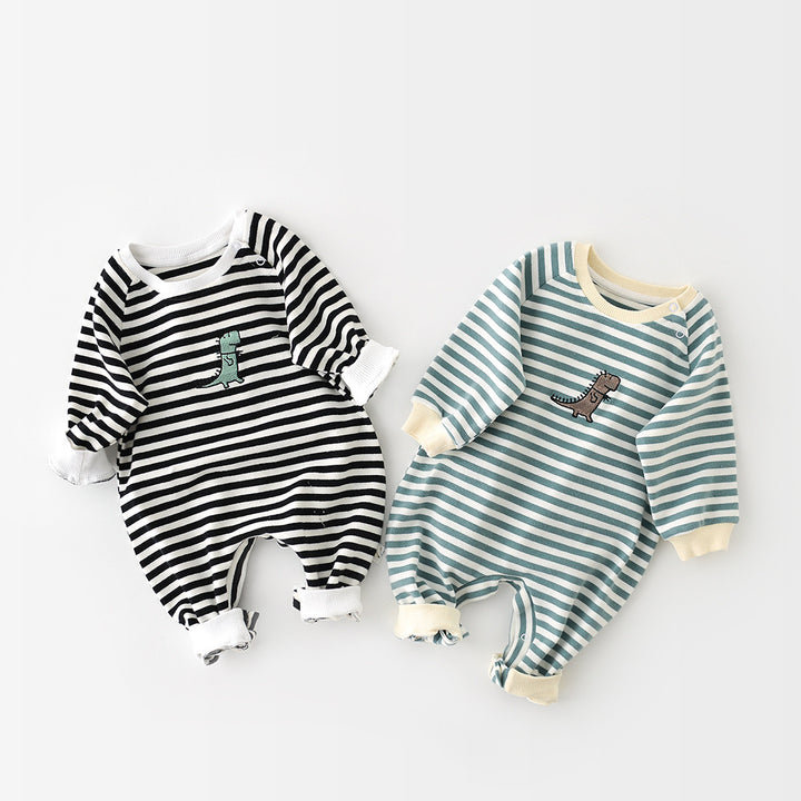 Male And Female Baby Cartoon Striped Dinosaur Embroidery Long-Sleeved Jumpsuit