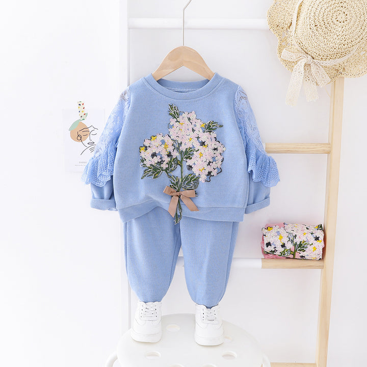 Spring And Autumn Girls' Clothing Baby Embroidered Lace Two Piece Set