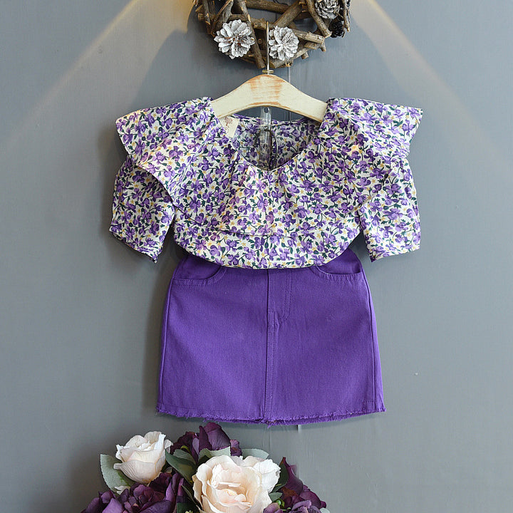 Summer Children's Clothing Korean Fashion Flower Lotus Leaf Collar Shirt Skirt Little Girl Clothing Suit Purple Children's Clothing