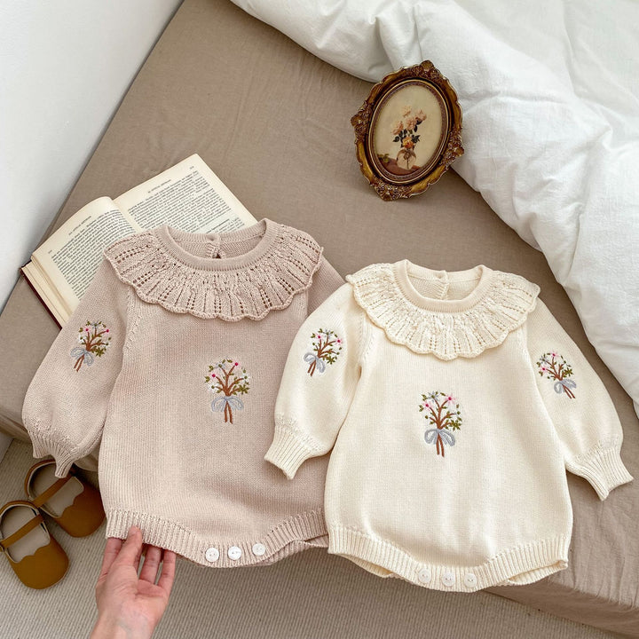 Baby Knitted Lotus Collar Long-sleeve Jumpsuit Baby Girl
