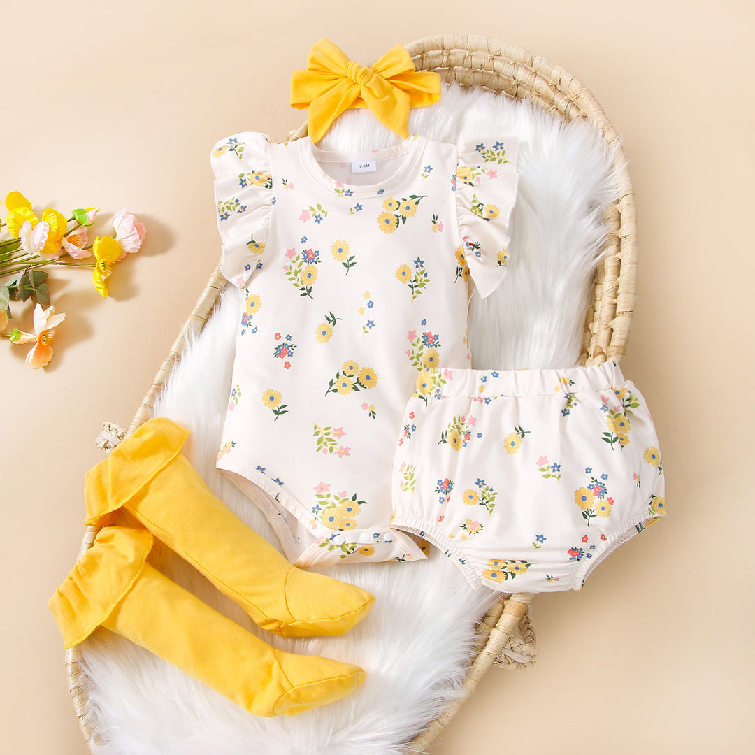 Ins Style Baby Clothing Four-piece Set With Floral Flying Sleeves