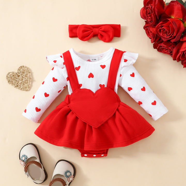 Baby Valentine's Day Long Sleeve Big Love Embroidered Fake Suspenders Triangle Sweet Romper Girl