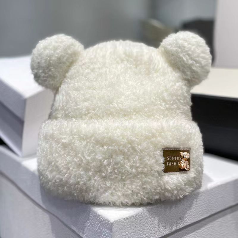 Winter Plush Bonnet Cute Bear Makes Face Look Smaller Metal Label