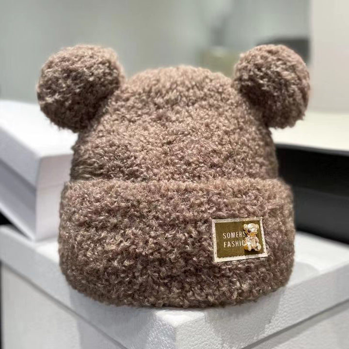 Winter Plush Bonnet Cute Bear Makes Face Look Smaller Metal Label