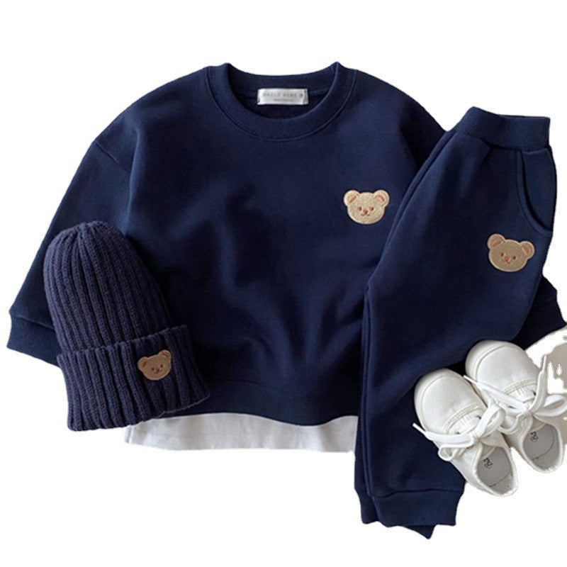 Newborn Infant Children's Cotton Bear Round Neck Sweater Sports Suit Cartoon Two Piece Set