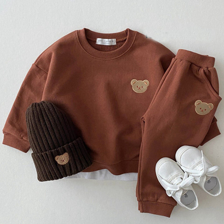 Newborn Infant Children's Cotton Bear Round Neck Sweater Sports Suit Cartoon Two Piece Set