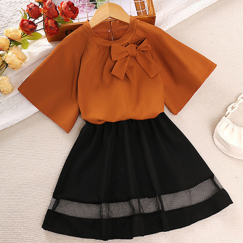 Korean Style Baby Bow Short Sleeve T-shirt Mesh Splicing Skirt Two-piece Set