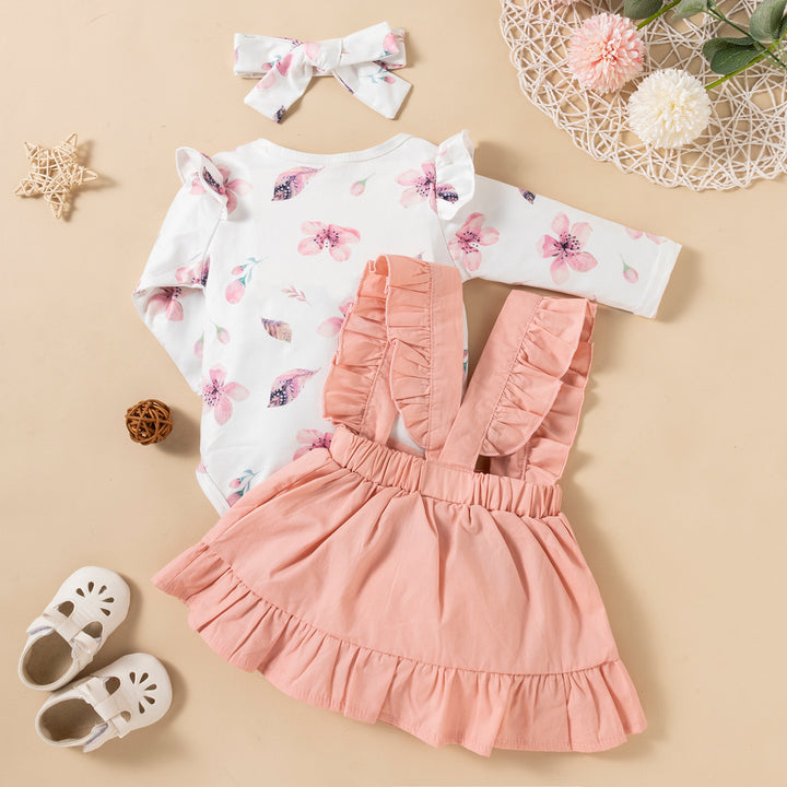 Printed Long-sleeved Baby Girl Romper Two-color Strap Ruffled Dress Headdress Three Pieces
