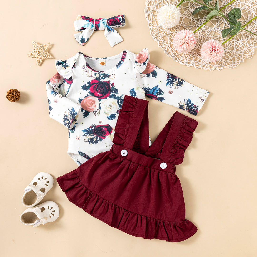 Printed Long-sleeved Baby Girl Romper Two-color Strap Ruffled Dress Headdress Three Pieces