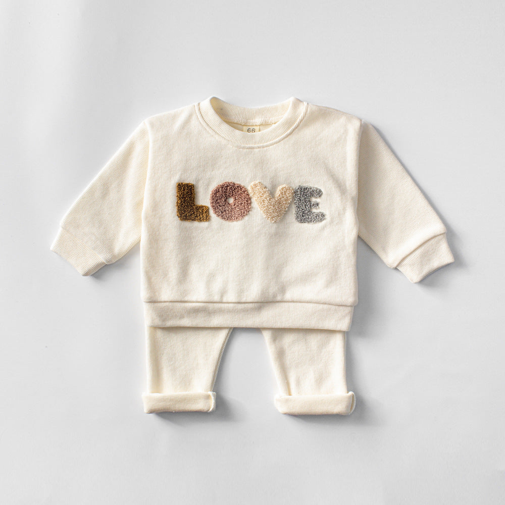 Children's Clothing Boys Sweater Suit Beige Colored Wool Material LOVE Towel Embroidery Baby Baby Clothes Two Pieces