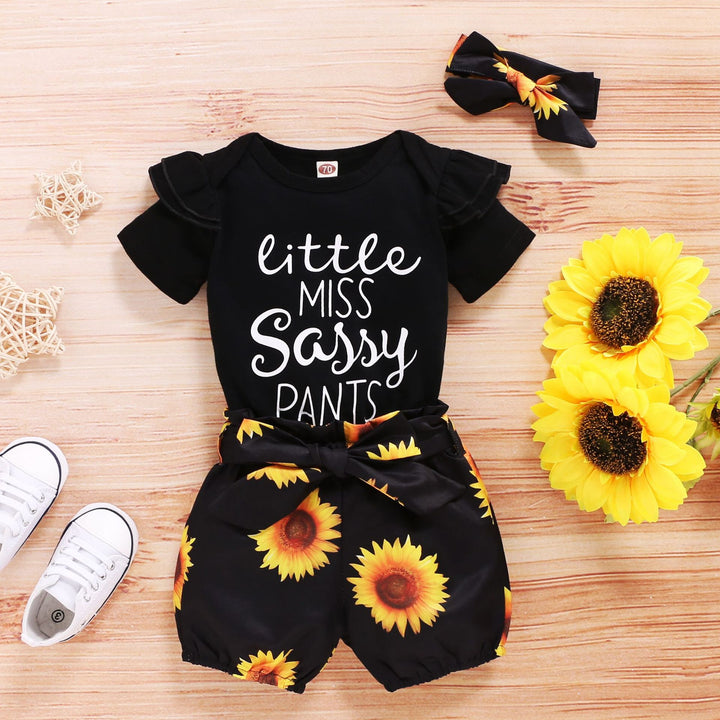 Cute Baby Short Sleeve Letter Jacket Sunflower Shorts Three-piece Set