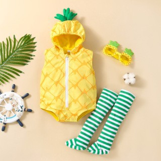 Foreign Trade Children's Wear Baby Hooded Triangle Jumpsuit Infant Toddler Spring Fruit Shape Sleeveless Romper Striped Long Socks Two-piece Set